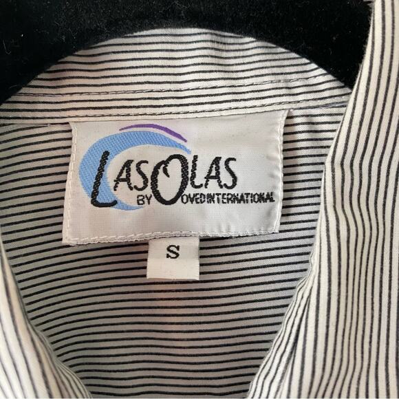 Vintage 90s Las Olas Black& White Striped Button Up Collared High Heel Top Small - Picture 5 of 5